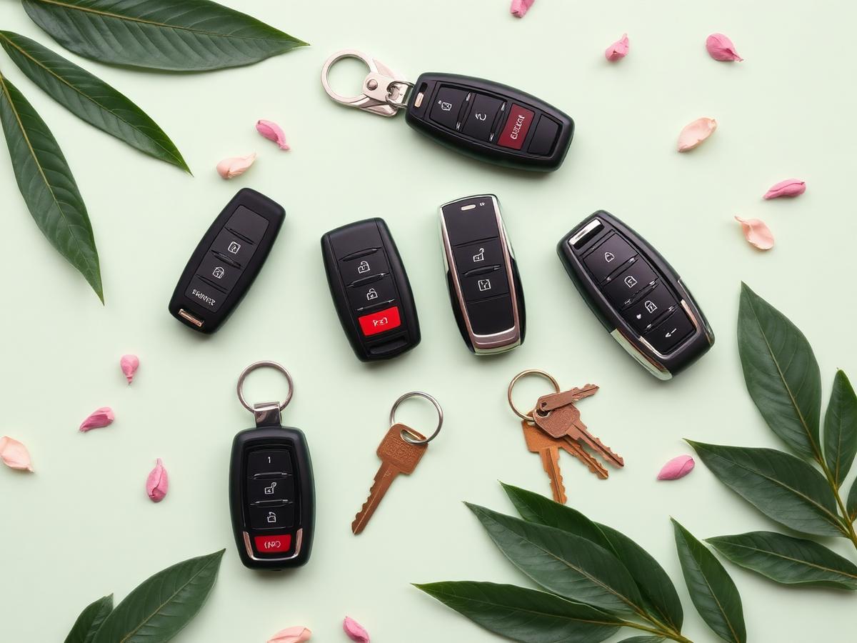 Assortment of car key fobs and house keys on pastel green background with tropical leaves